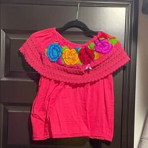 Source Unknown Pink Blouse with Colorful Floral Embroidery